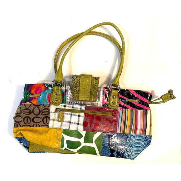 Y2K Multicolor Patchwork Purse Rhinestone Buckle Bag Croc Trim Retro Tote Boho - Picture 7 of 7